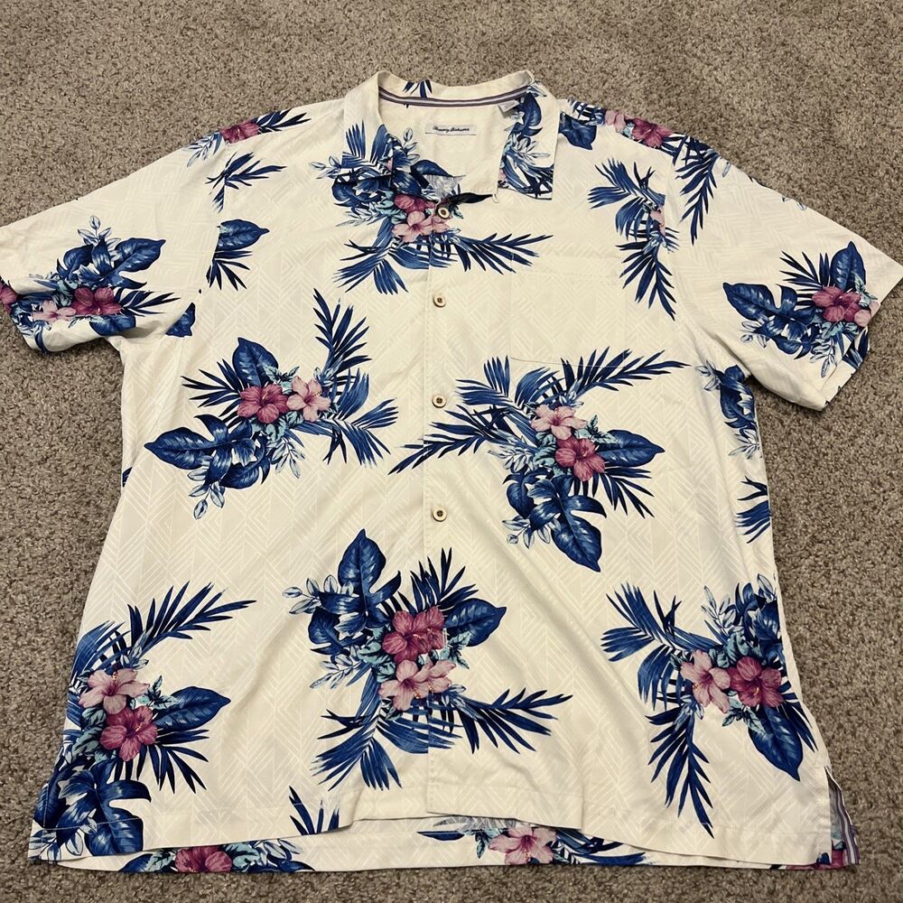 TOMMY BAHAMA Men's Shirt 100% Silk Orchid Floral Print Tropical Pocket Size XXL